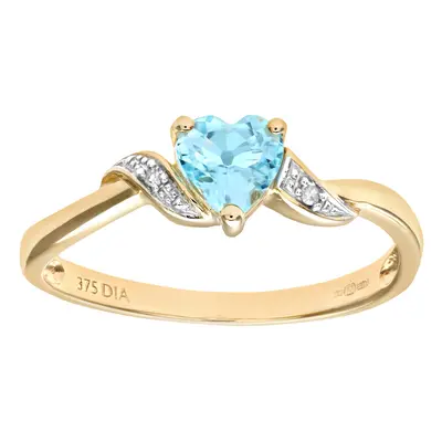 (K) Jewelco London 9ct Yellow Gold Blue Topaz And Diamond Heart Ring