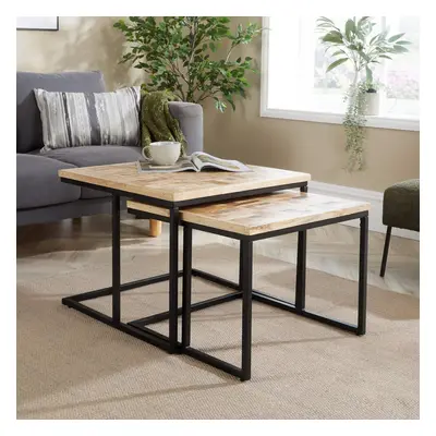 Home Source Reno Solid Mango Wood Iron Frame Nest of Two Tables