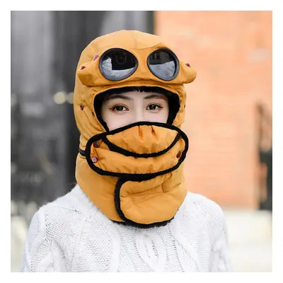 (Yellow) Winter Bomber Hats With Face Mask Plush Earflap with Goggles Warmer Windproof Thicken