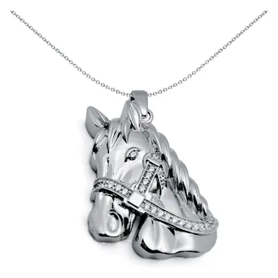 Jewelco London Rhodium Coated Sterling Silver Cubic Zirconia horse Charm Pendant - inch Chain - 