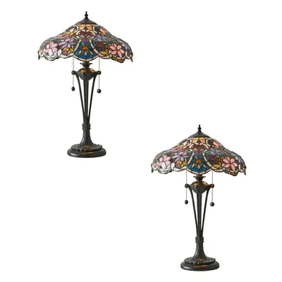 2 PACK Floral Tiffany Glass Design Table Lamp Light - Dark Bronze Lampholder