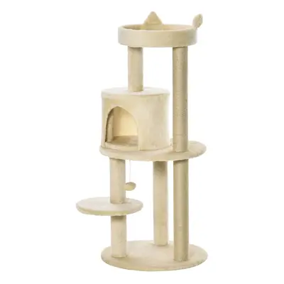 PawHut Tiers 104cm Cat Tree w/ Scratching Posts Perches Hanging Ball, Cream