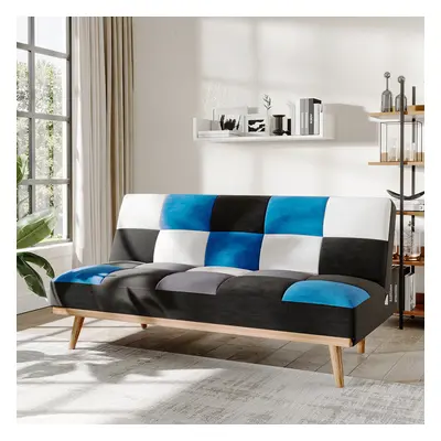 (Blue Multicolour Checkered) 178cm Fabric Upholstered 3-Seater Sofa Bed