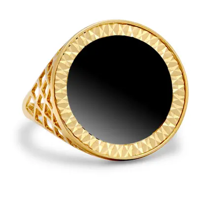 (T) Jewelco London Men's 9ct Gold Basket Design Ring with 16.5mm Black Onyx Disc Insert (Tenth-K