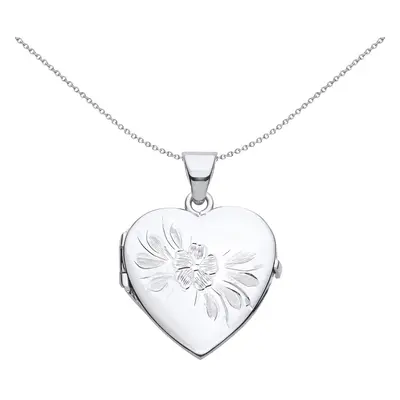 Jewelco London Ladies Rhodium Plated Sterling Silver Flower Leaves Engraved Love Heart Locket Pe