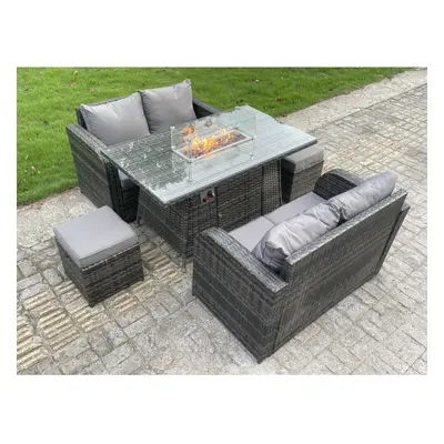 Fimous Rattan Outdoor Furniture Gas Fire Pit Rectangle Dining Table Seater