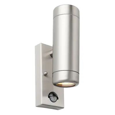 Twin Up & Down Wall Light - PIR Sensor - x 7W GU10 LED Brushed Steel