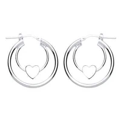 Jewelco London Ladies Sterling Silver Love Heart Double Hoop Earrings 18mm - GVE775