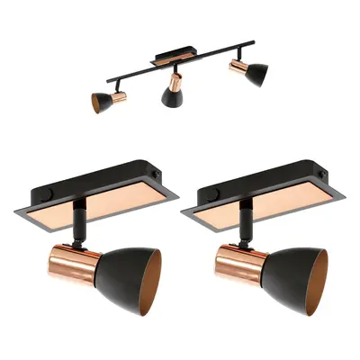 Ceiling Spot Light & 2x Matching Wall Lights Black & Copper Adjustable Shade