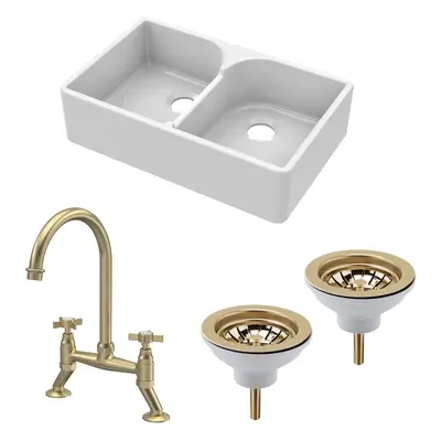 Fireclay Kitchen Bundle - Double Bowl Stepped Weir Butler Sink, Wastes & Bridge Crosshead Tap, 7