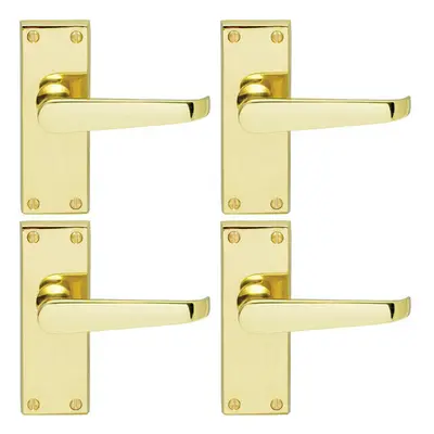 4x Straight Victorian Lever on Rectangular Latch Backplate Handle Polished Brass