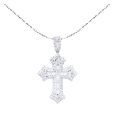 Jewelco London Unisex Rhodium Silver White Baguette CZ Spiked Fleur Arrowhead Cross Pendant - AP