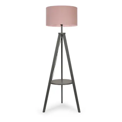 Modern Grey Wood Tripod Design Floor Lamp with Storage Shelf & Pink Drum Shade - Complete with a