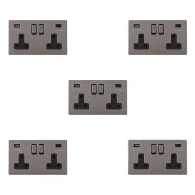 5 PACK Gang Double 13A UK Plug Socket & 2x 3.1A USB-C SCREWLESS BLACK NICKEL