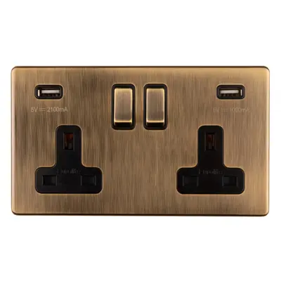 2 Gang Double 13A UK Plug Socket & 2.1A USB-A Charger SCREWLESS ANTIQUE BRASS