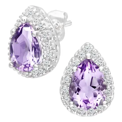 Jewelco London 9ct White Gold Round 13pts Diamond Pear 2.15ct Amethyst Halo Teardrop Stud Earrin