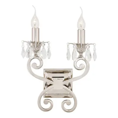 Esher Luxury Twin Curved Arm Traditional Wall Light Bright Nickel Crystal Drop