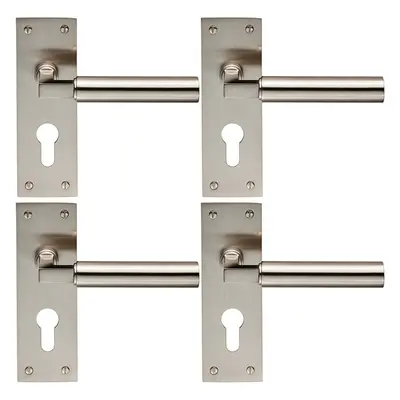 4x PAIR Round Bar Handle on Slim Euro Lock Backplate x 50mm Satin Nickel