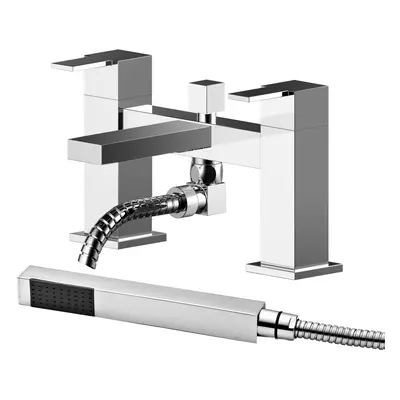 Square Deck Mount Bath Shower Mixer Tap with Shower Kit - Chrome