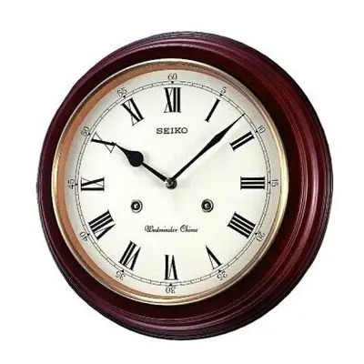 Seiko Round Dark Wooden Westminster Chime Battery Wall Clock QXH202B