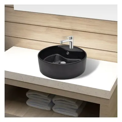 Ceramic Bathroom Sink Basin Faucet/Overflow Hole Black Round