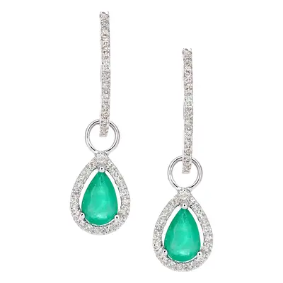 Jewelco London 9ct White Gold Round 20pts Diamond Pear 0.7ct Emerald Teardrop Drop Earrings - DE