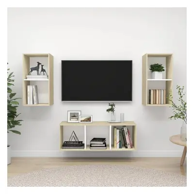 vidaXL TV Cabinet Set Piece White and Sonoma Oak Chipboard Stand Living Room