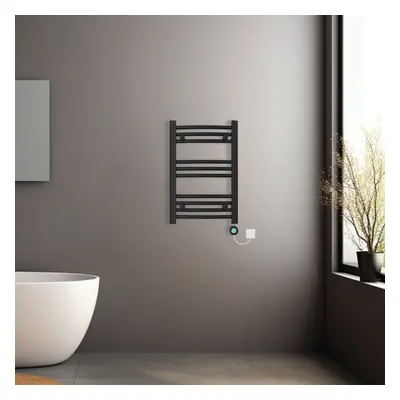 (Black, 600x400mm) Prefilled Electric Heated Towel Rail Radiator Curved Thermo Smart WiFi