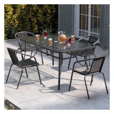 (150cm Rectangle Table+4PC Chair) Tempered Glass Outdoor Coffee Table and Rattan Chairs Set