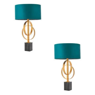 2 PACK Antique Gold Table Lamp & Teal Satin Shade - Black Marble Base Desk Light