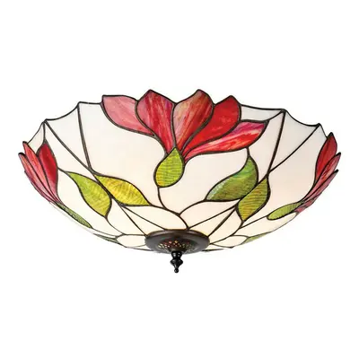 Tiffany Glass Semi Flush Ceiling Light Red Flower Round Inverted Shade i00035