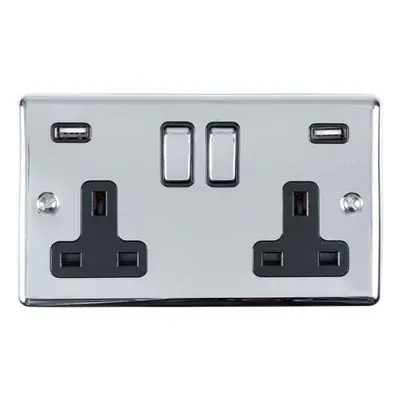 2 Gang Single UK Plug Socket & Dual 2.1A USB CHROME & Black 13A Switched