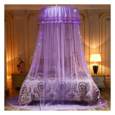 (Purple) Mosquito Net Bedding Lace LED Light Princess Dome Mesh Bed Canopy Bedroom Decor