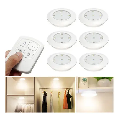 6PCS LED Wireless Cabinet Light Kitchen Counter Under Touch Closets Lighting Puck Lamp with Remo