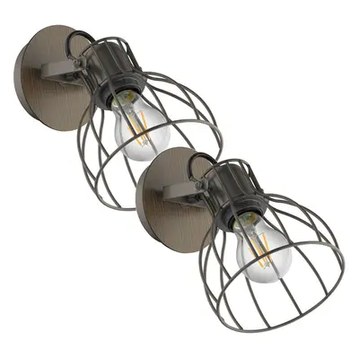 2 PACK Wall Light Colour Brown & Silver Silver Steel Open Cage Shade E27 1x40W