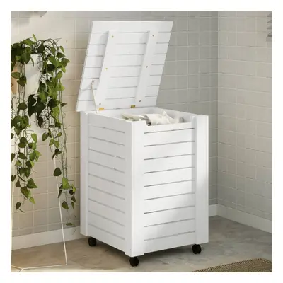 vidaXL Laundry Basket with Wheels Wash Hamper Organiser White Solid Wood Pine