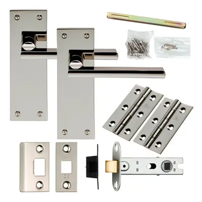 Door Handle & Latch Pack Polished Nickel Straight Flat Lever Slim Backplate