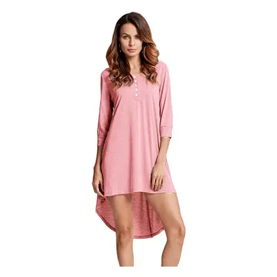 (Pink, XL) Women Long Tunic Top Basic T-Shirt Button Front O Neck Sleeve Irregular Hem Mini Dres