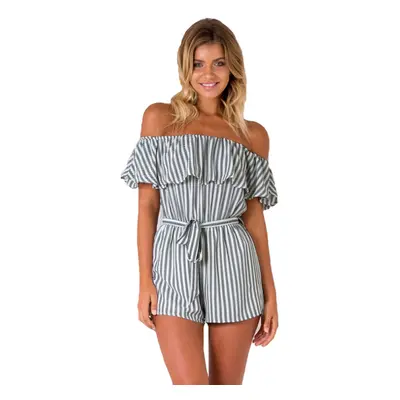 (Black, S) Sexy Women Off Shoulder Jumpsuit Vertical Striped Ruffles Waist Strap Summer Casual S