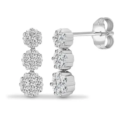 Jewelco London Solid 18ct White Gold Pave Set Round G SI 1ct Diamond Trilogy Cluster Drop Earrin