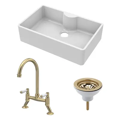 Fireclay Kitchen Bundle - Single Bowl Butler Sink with Tap Ledge, Waste & Lever Tap, 795mm - Bru