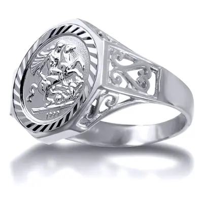 (W) Jewelco London Men's Solid Sterling Silver Octagon Scroll St George & Dragon Medallion Ring 