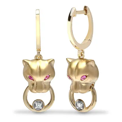 Jewelco London 9ct Yellow Gold Rub Over Set 0.06ct Diamond and Pink 0.06ct Sapphire Panther Door