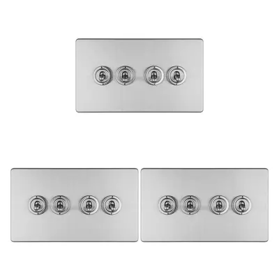 3 PACK Gang Quad Retro Toggle Light Switch SCREWLESS SATIN STEEL 10A Way