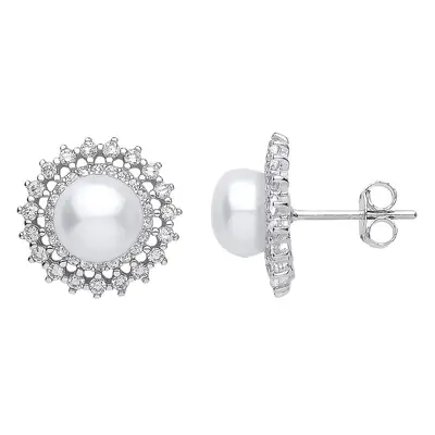 Jewelco London Ladies Sterling Silver Cubic Zirconia & Freshwater Cultured Pearl Full Moon Star 