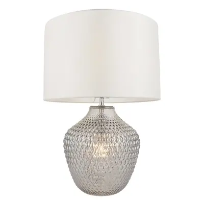 Grey Tinted Faceted Glass Twin Lit Table Lamp Light & Vintage White Fabric Shade