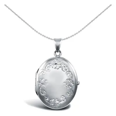 Jewelco London Ladies 9ct White Gold Floral Frame Oval Locket Pendant - JLC111