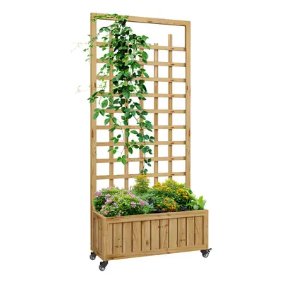 Outsunny Wooden Trellis Planter, Raised Garden Bed with Wheels and Bed Liner