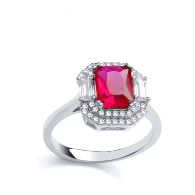 (R) Jewelco London Ladies Rhodium Sterling Silver Red Emerald cut Cubic Zirconia Octagon Amphith