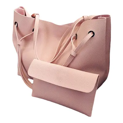 (Pink) 2pcs Women Leather Large Shoulder Messenger Shopping Bag Purse Handbag Tote